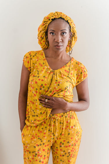 Yellow Floral - Bamboo Pajama Pants Set, With A Matching Satin-Lined Bonnet